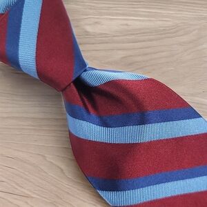 JOS A BANK Signature Collection Repp, 100% Silk Tie, Red Apple & Blue, Striped.